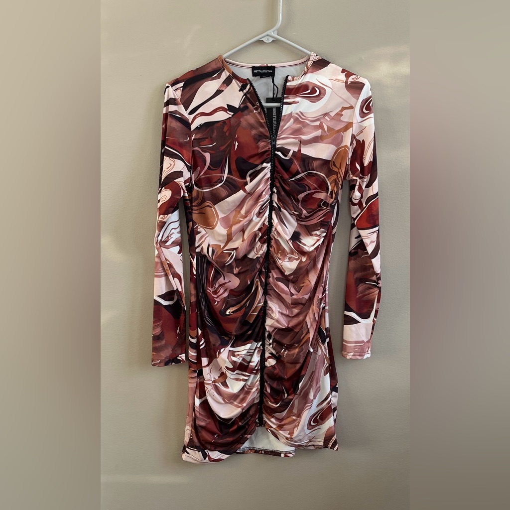 Prettylittlething Brown Abstract Print Slinky Ruched Zip Up Bodycon Dress Size 8